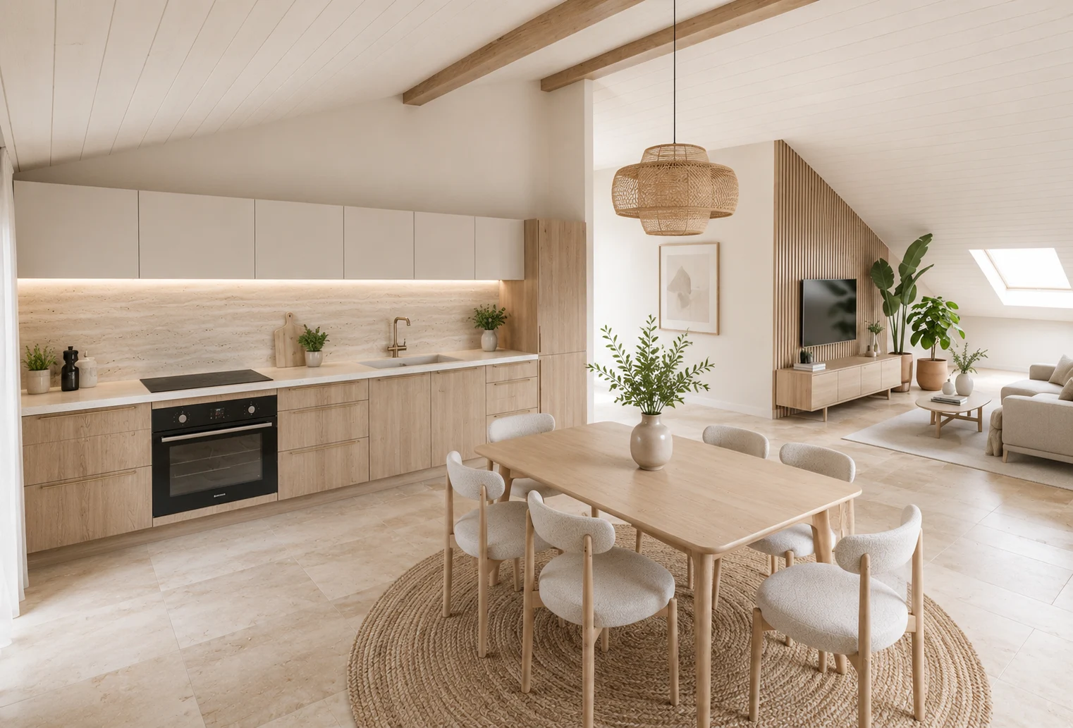 La Dorée — Cuisine et salle à manger sous les combles — visualisation 3D indicative
