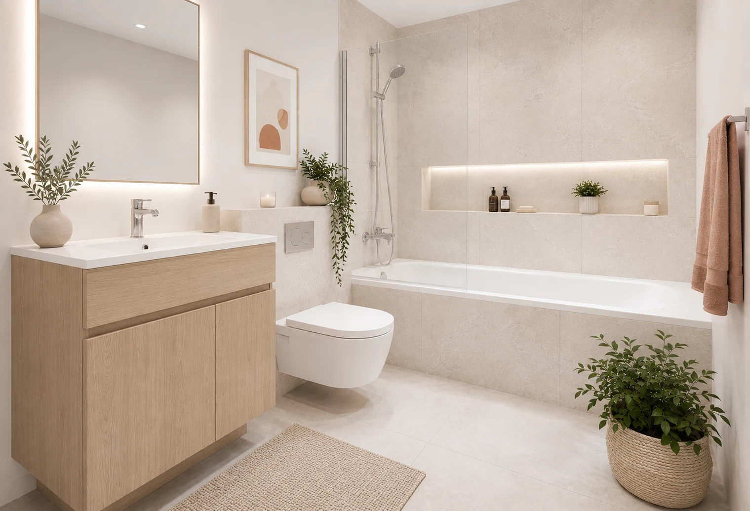 La Dorée — Salle de bain avec baignoire et meuble vasque — visualisation 3D indicative