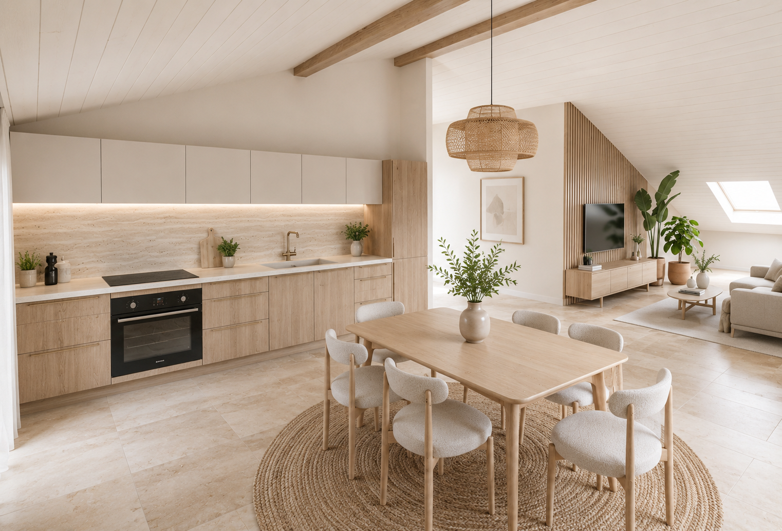Séjour, salle à manger et cuisine ouverte d'un appartement de La Dorée