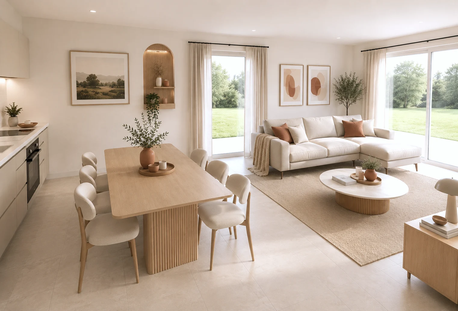 Intérieur lumineux, cuisine et séjour ouverts sur le jardin