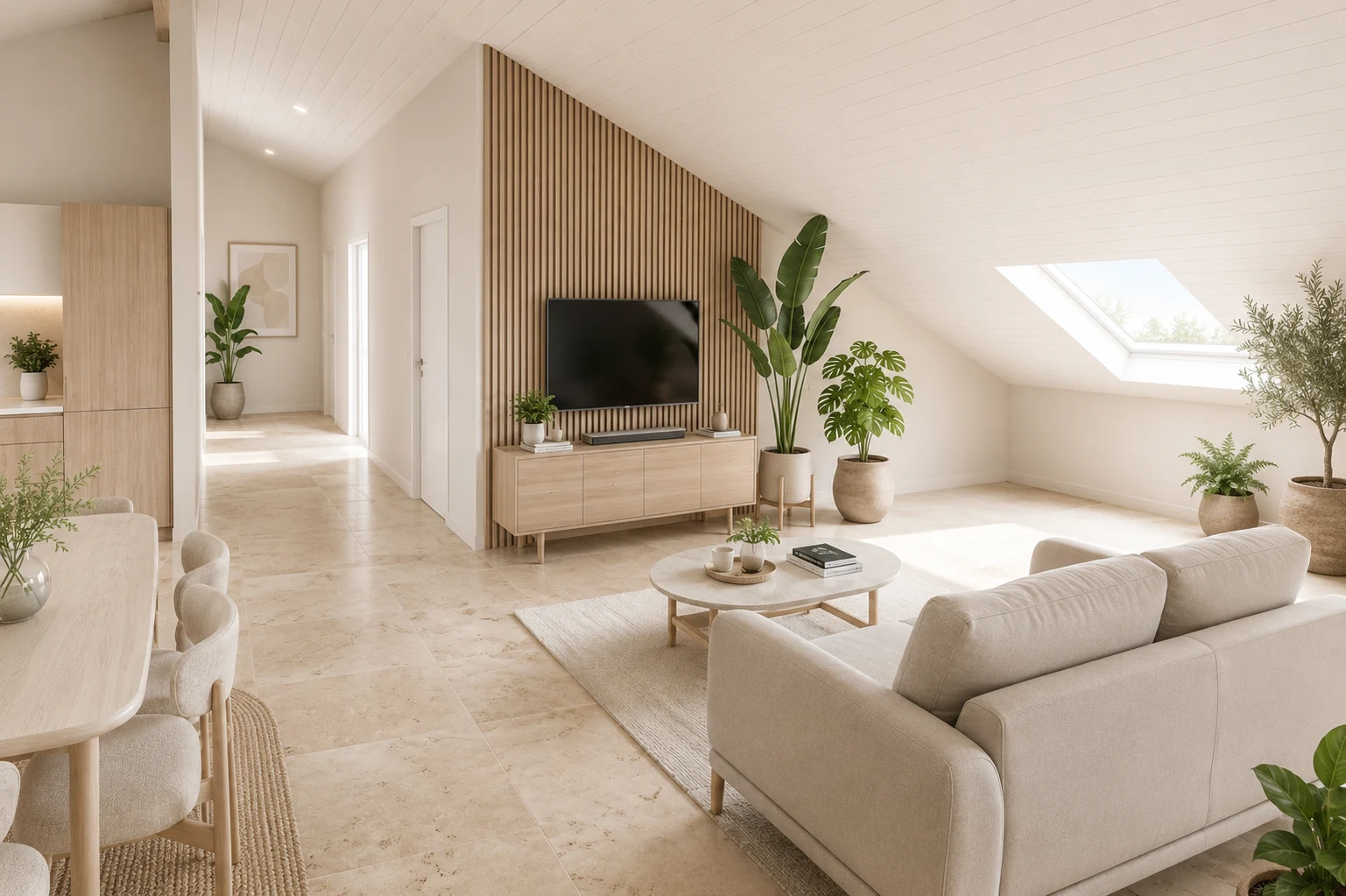 La Dorée — Séjour sous les combles avec fenêtre de toit — visualisation 3D indicative