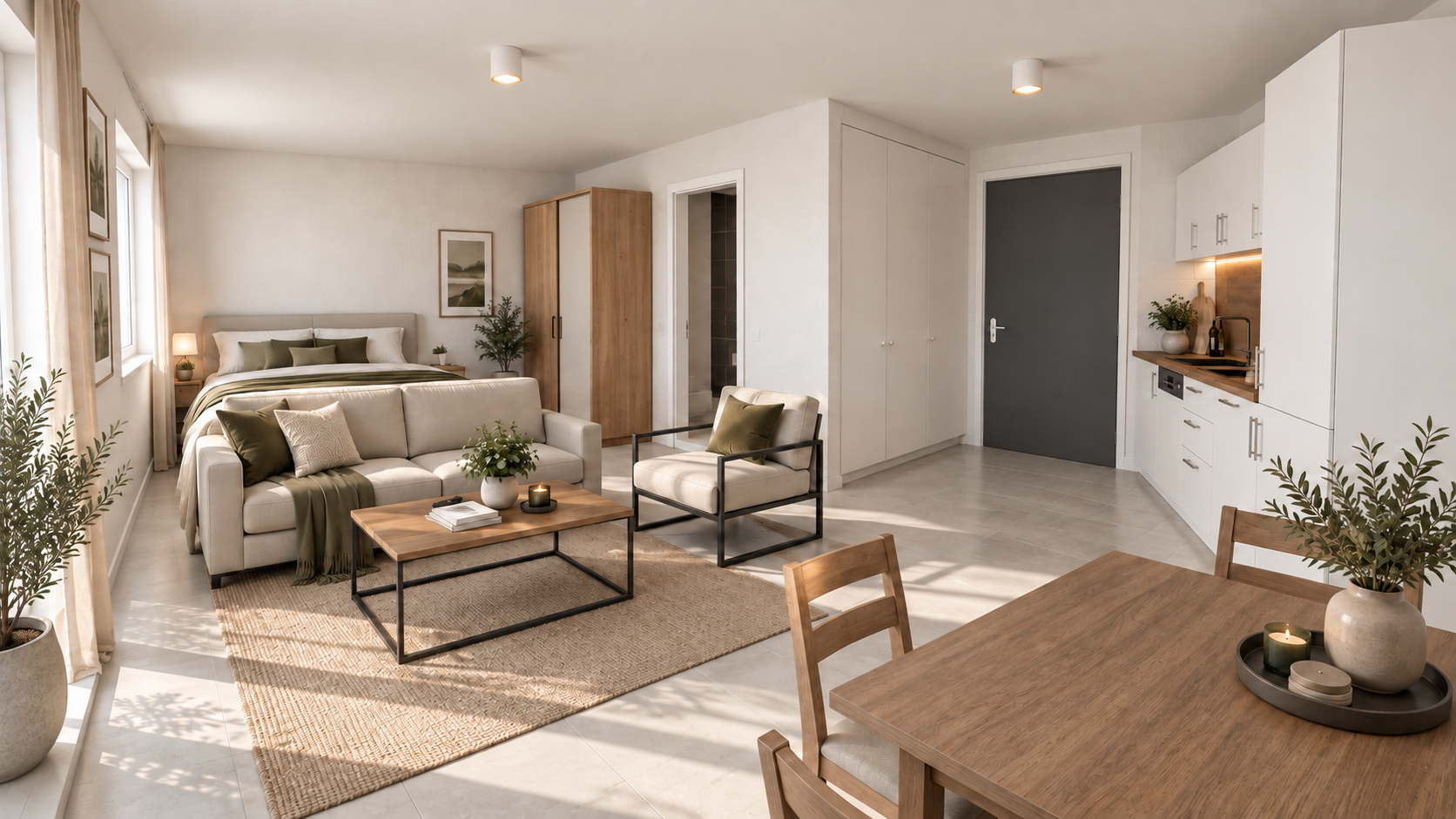 Espace de vie d’un appartement de 1,5 pièce — visualisation 3D