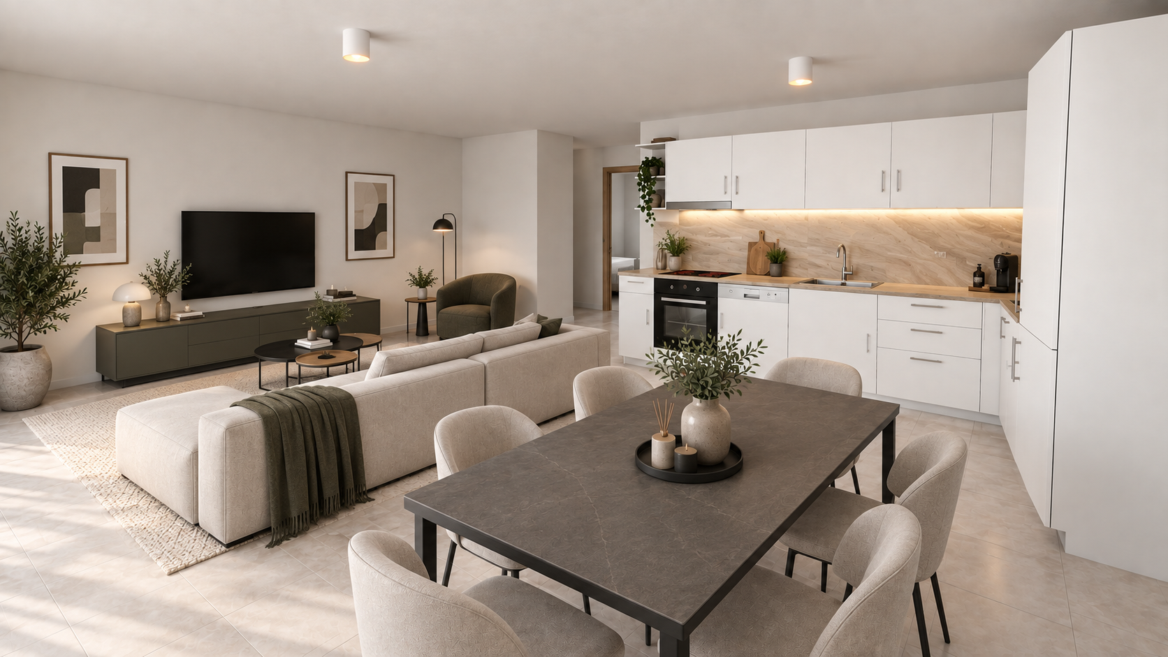Cuisine et salle à manger d’un appartement de 3,5 pièces — visualisation 3D