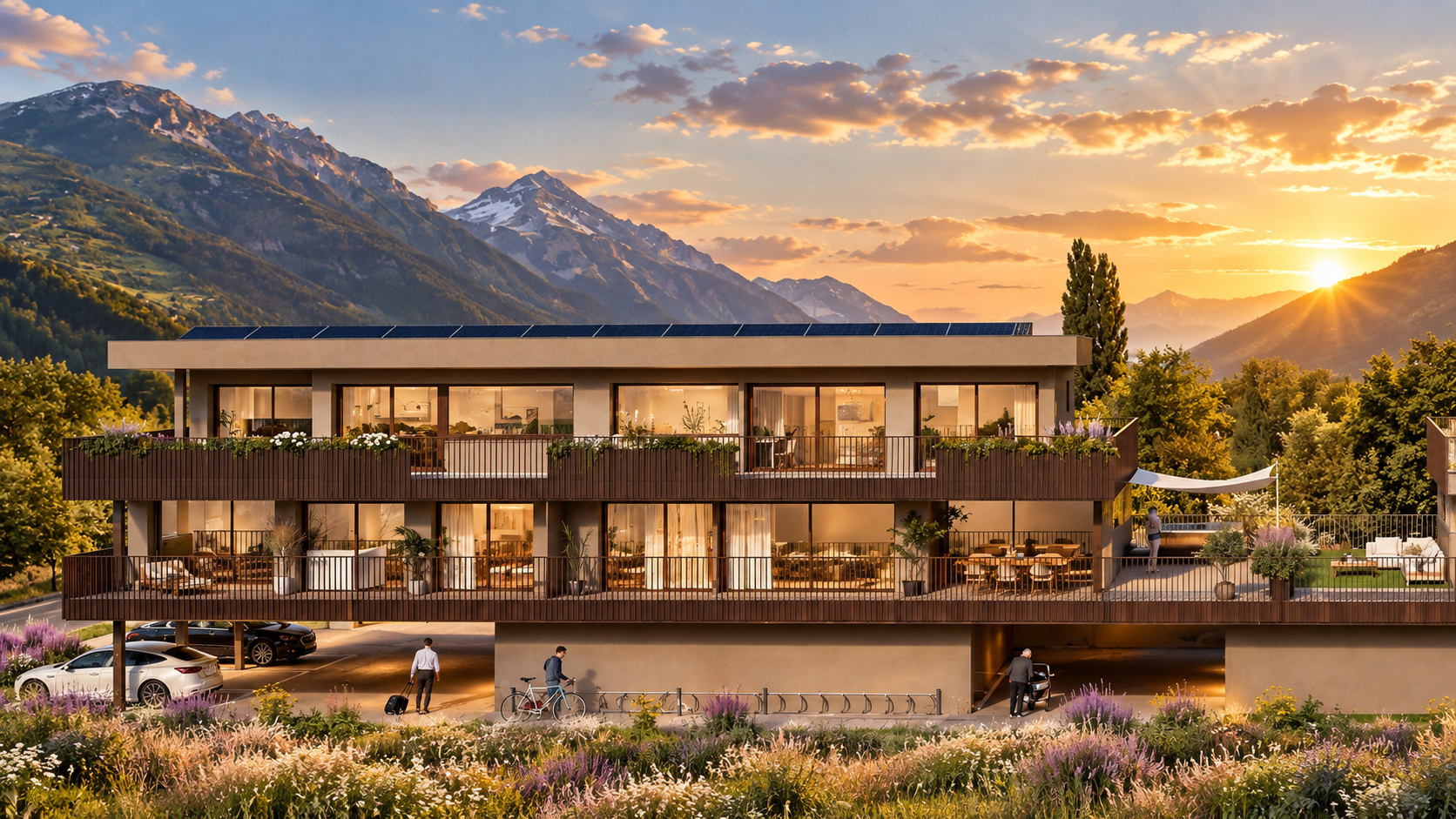 Vue extérieure de la Résidence La Romanée à Martigny, architecture contemporaine et grandes terrasses.