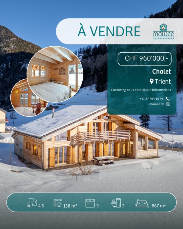 🟠 À Vendre à Trient📍Superbe chalet à Trient - résidence principale ou secondaire

Vous rêvez d’un havre de paix, à l’écart de l’agitation du quotidien ? Ce magnifique chalet, niché au cœur de la commune de Trient, est fait pour vous ! Que ce soit pour une escapade le temps d’un week-end ou pour y établir votre cocon, ce bien offre tout le confort nécessaire dans un cadre naturel préservé

✨Caractéristiques du Chalet

Rez-de-chaussée :
- Hall d’entrée
- Cuisine équipée
- Salon chaleureux et lumineux
- 1 chambre
- 1 salle de bain
- 1 pièce aménagée en cuisine et salle à manger supplémentaire
- Local technique / buanderie
- 1 espace modulable selon vos envies (bureau, salle de sport, atelier…)
- Accès à une belle terrasse avec vue dégagée

À l’étage :
-Grande mezzanine pouvant être divisée en 2 chambres
-1 salle de bain

En complément :
- Garage privatif

Ne manquez pas cette chance ! Contactez-nous pour plus d’informations ou pour organiser une visite. https://mawee.ch/achat/#immomig:/fr/o/a-vendre-chalet-sur-demande-5282551

Mawee, tout commence ici !🟧

📞Contactez-nous au: +41 27 764 16 96
📍Grand rue 21, 1904 Vernayaz

#mawee #valais #appartement #venteimmobilière #appartement #agenceimmobilière #immobilier #wallis #achatimmobilier #maison #appart #vendu #vernayaz #martigny #vente #valaiswallis #apprendre #ppe #realestate #checklists #trient